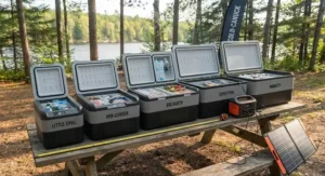 Selection of different sized 12V camping fridge models lined up outdoors to compare storage capacity.