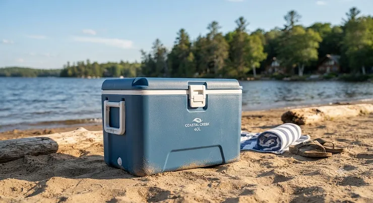 A stylish blue beach cooler on a sandy Canadian shore, representing the best beach cooler under $80 CAD for cottage weekends.