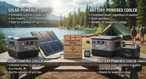 Choosing between solar and battery-powered cooling technology for summer camping in Canada.