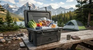 Rugged, bear-resistant hard-sided insulated camping cooler packed with fresh food for a weekend trip in the Canadian Rockies.