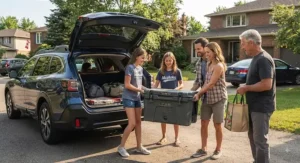 A family loading a top-rated camping cooler into the back of an SUV for a summer trip to an Ontario cottage.