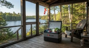 The best solar cooler for off-grid cottages standing on a screened-in porch overlooking a tranquil Canadian lake.