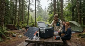 Campers enjoying cold drinks from a solar-powered cooler during an overcast weekend in a British Columbia provincial park.
