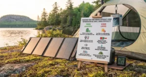 Campers relaxing near a tent in a scenic Canadian provincial park while evaluating if a power bank cooler can cool a tent. / Campeurs se détendant près d'une tente dans un parc provincial canadien par temps chaud.