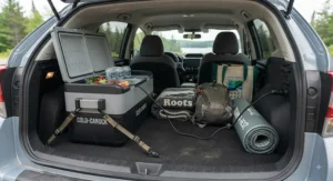 A compact 12V camping fridge securely fitted in the trunk of a crossover vehicle for a road trip.