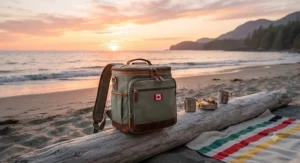 Compact backpack cooler for beach sunset viewing resting on driftwood by the coastline.