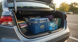 Compact small hard cooler for festivals loaded into a car trunk for a weekend road trip.