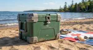 A durable and rugged beach cooler under $80 CAD sitting on the sand next to beach towels and sunscreen.