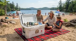 Durable hard-sided top rated beach cooler keeping drinks cold during a family picnic at a provincial park.
