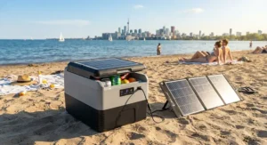 A rechargeable solar powered cooler sitting on a sandy beach near Lake Ontario on a sunny afternoon.