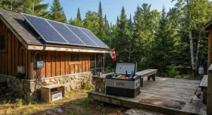 An eco-friendly solar cooler powered by clean photovoltaic panels at an off-grid woodland cottage.