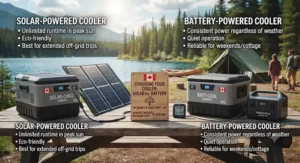 Infographic comparing energy efficiency and performance of solar versus battery coolers for Canadian weather.