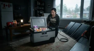 An emergency backup solar powered cooler holding perishables during a power outage in a Canadian home.