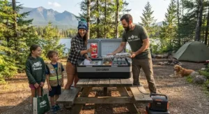 A Canadian family unpacking a 12V camping fridge at a sunny campsite in British Columbia.
