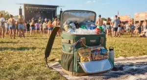 A person wearing a comfortable hands-free backpack cooler for festivals at an outdoor concert venue.