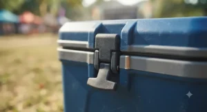 Close-up of heavy-duty latches on a small hard cooler for festivals ensuring secure closure.