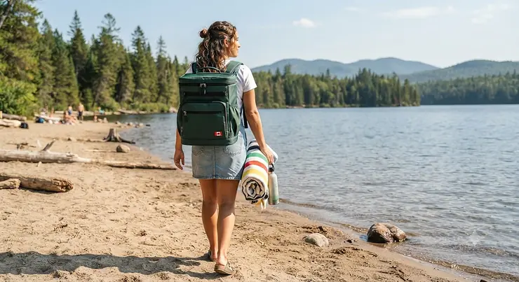 A person carrying an insulated backpack cooler for a beach day at a scenic Canadian lake shore.