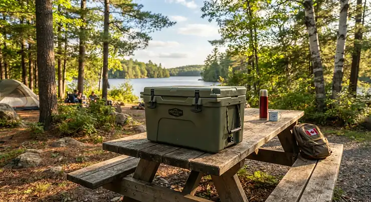 A durable insulated camping cooler sitting on a rustic wooden picnic table at a scenic Ontario provincial park.