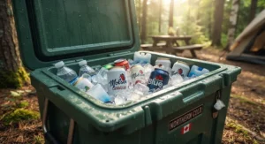 Close-up view of an open insulated camping cooler filled with ice and beverages on a warm Canadian summer day.