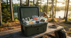 An organized insulated camping cooler filled with supplies ready for a relaxing weekend getaway at a Canadian lake.