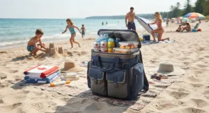 Large-capacity backpack cooler for beach family outings filled with food and drinks for a full day out.