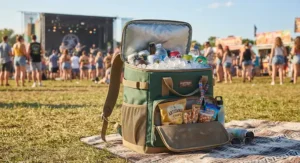 A large capacity backpack cooler for festivals featuring multiple storage compartments for snacks and ice.