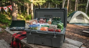 A large, top-rated camping cooler packed with fresh food and drinks for a long Victoria Day weekend camping adventure.