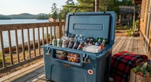 Large capacity top rated beach cooler packed with food and drinks for a weekend cottage getaway.