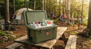 Large capacity insulated camping cooler loaded with drinks and ice for a family summer camping trip in a Canadian forest.