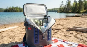 Leakproof backpack cooler for beach and lake days showing the heavy-duty zipper and waterproof lining.