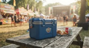 Lightweight small hard cooler for festivals resting on a wooden picnic table.