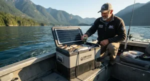 An angler using a durable solar powered cooler on a boat during a weekend fishing trip in British Columbia.