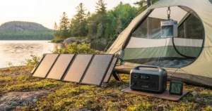 Portable solar panel recharging a power station used to run a tent cooling fan during an off-grid Canadian camping trip. / Panneau solaire portable rechargeant une station d'énergie pour alimenter un ventilateur de tente en camping.