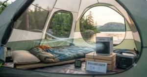 Illustration of tent mesh windows and cross-ventilation layout paired with a portable power-bank cooler. / Illustration de l'aération et de la ventilation croisée d'une tente combinées avec un rafraîchisseur portatif.