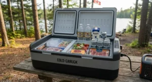 An open 12V camping fridge packed with fresh food and cold drinks, ideal for off-grid camping across Canada.