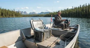 A top-rated, portable camping cooler kept on a fishing boat at a remote lake in Northern Canada.
