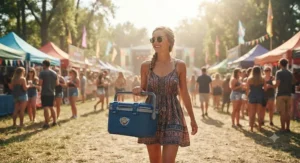 Portable small hard cooler for festivals being carried by a person at an outdoor summer event.