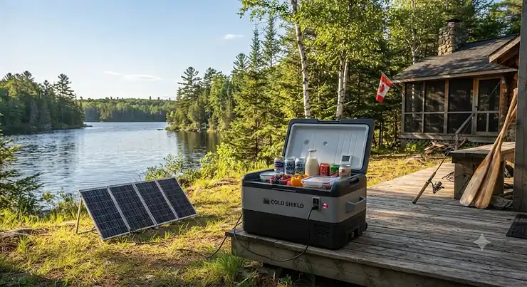 A portable solar cooler connected to a compact solar panel system at a remote lakeside cottage in Canada.