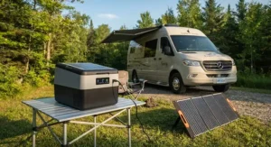 An energy-efficient solar powered cooler plugged into a portable solar panel setup outside an RV in rural Ontario.