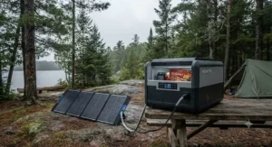 A portable solar fridge running efficiently on diffuse light during a gloomy afternoon in Ontario.