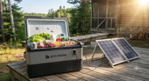 A heavy-duty solar cooler keeping groceries cold during a hot Canadian summer heatwave at an off-grid retreat.