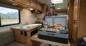 An RV owner stocking a reliable 12V camping fridge before heading out on a cross-country highway trip.