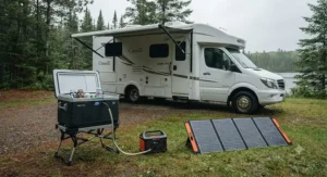 An RV parked under grey skies with a solar cooler plugged into a battery bank maintaining cold temperatures.