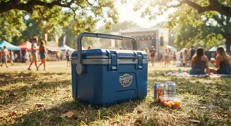 Small hard cooler for festivals packed with cold drinks and snacks sitting in a sunny park.