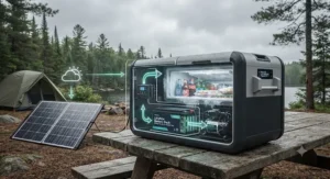 Cutaway view of a solar cooler highlighting its internal lithium battery storing energy for cloudy conditions.