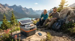 Hikers resting along a mountain trail in Alberta with a compact solar powered cooler featuring USB device charging.