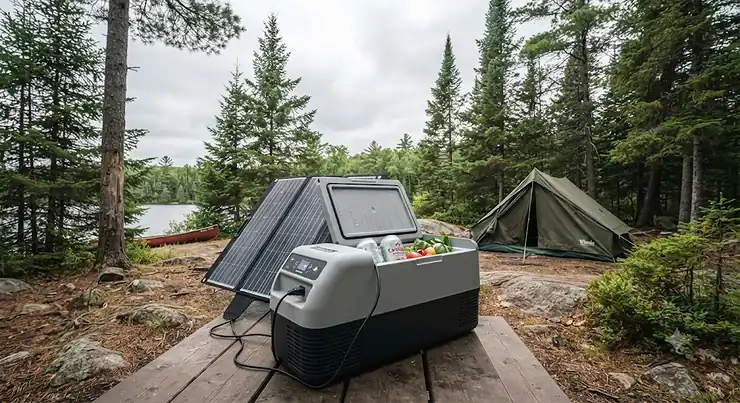 A solar-powered cooler operating outdoors under a cloudy Canadian sky at a campsite. do solar coolers work on cloudy days
