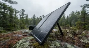 Close-up of a portable solar panel angled to maximize energy capture during heavy cloud cover.
