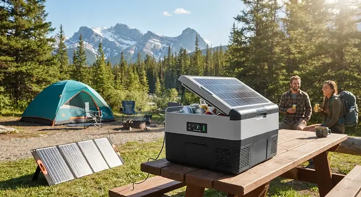 A portable solar powered cooler keeping drinks cold at a campsite in Banff National Park during a Canadian summer.