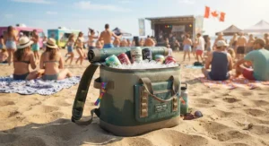 A stylish, modern backpack cooler for festivals designed for trendy summer events and day trips.